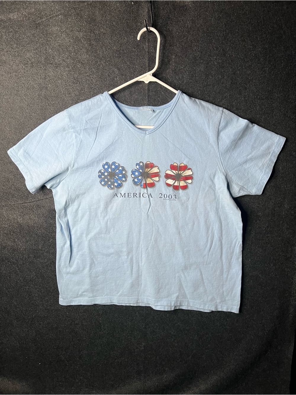 Vintage 2003 American Flag Pattern Floral Blue V-Neck T-Shirt Y2K Women’s Size S